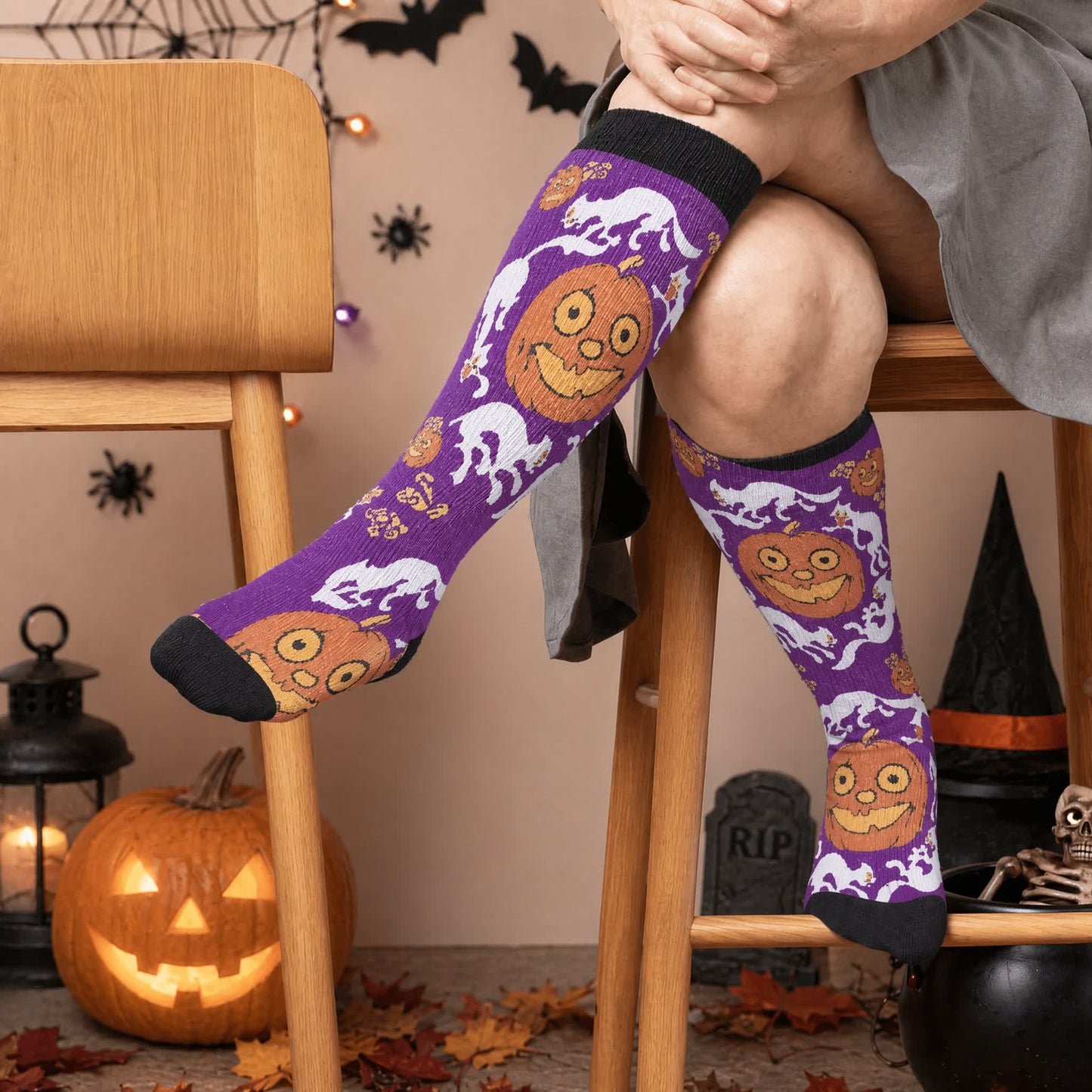 Chaussettes de compression citrouille d'Halloween grande taille - Violet (1 paire) - 4XL - image 1