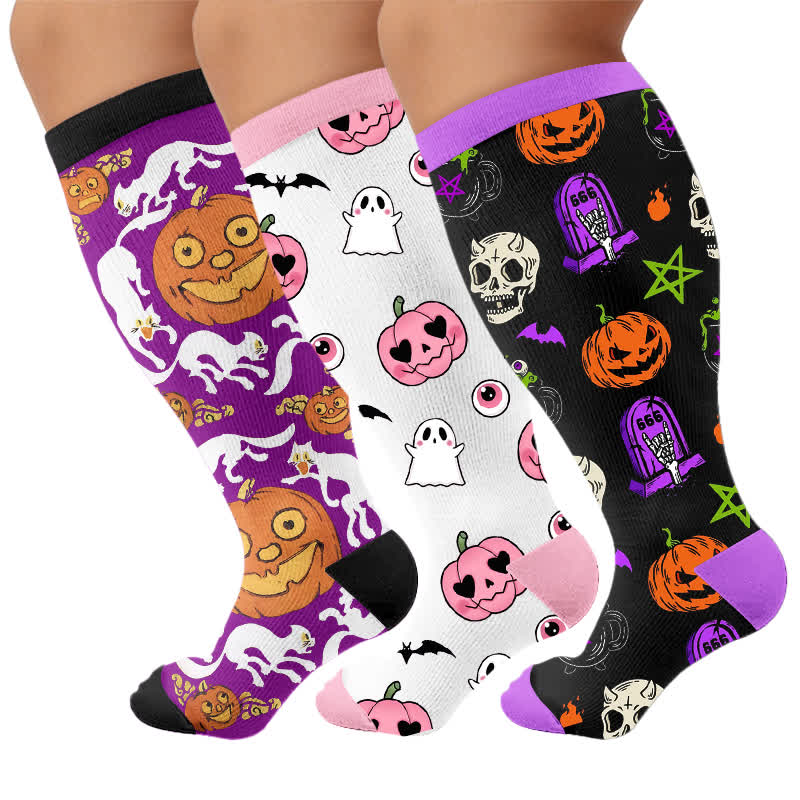 Chaussettes de compression citrouille d'Halloween grande taille - Multicolore (3 paires) - 4XL - image 4