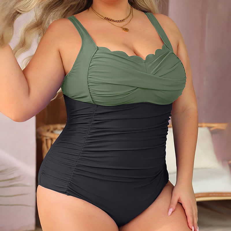 Maillot de bain une pièce froncé à imprimé cachemire tropical - Vert armée - 6XL - image 5