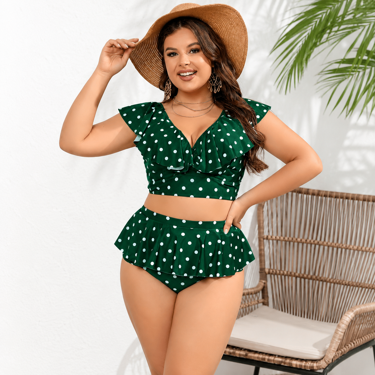 Ensemble bikini taille haute à pois et volants - Vert - 4XL - image 1