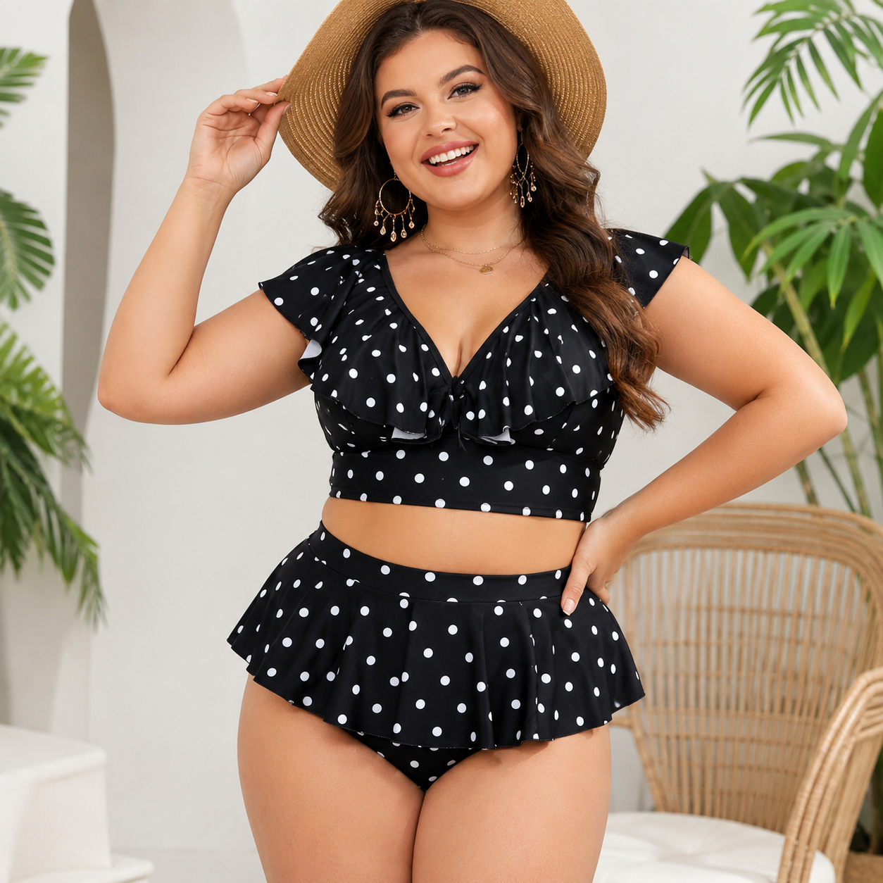 Ensemble bikini taille haute à pois et volants - Noir - 4XL - image 0