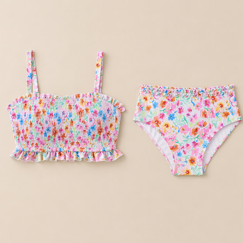 Ensemble bikini à smocks fleuris rose poudré - image 9