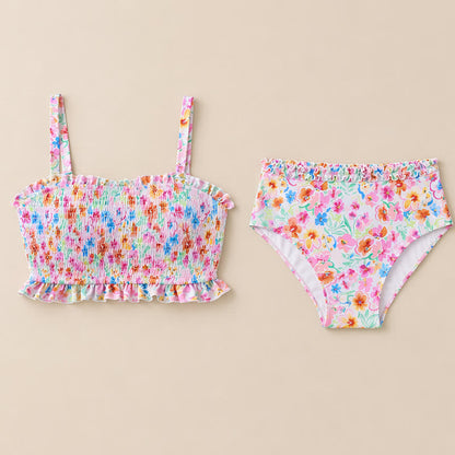 Ensemble bikini à smocks fleuris rose poudré - image 9
