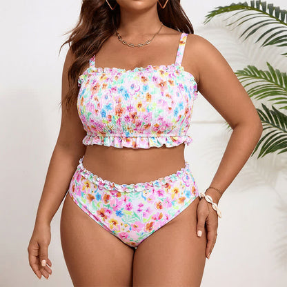 Ensemble bikini à smocks fleuris rose poudré - image 3