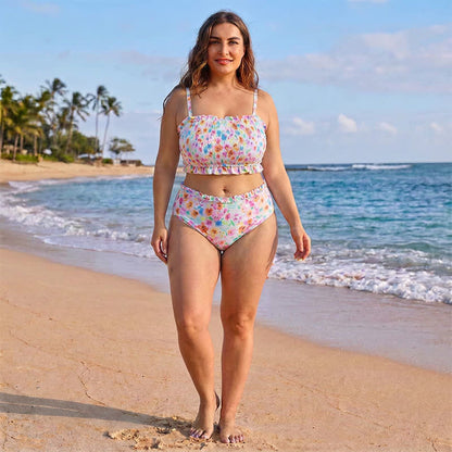 Ensemble bikini à smocks fleuris rose poudré - image 6