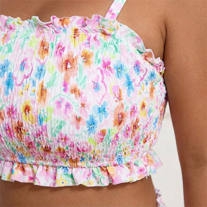 Ensemble bikini à smocks fleuris rose poudré - image 7