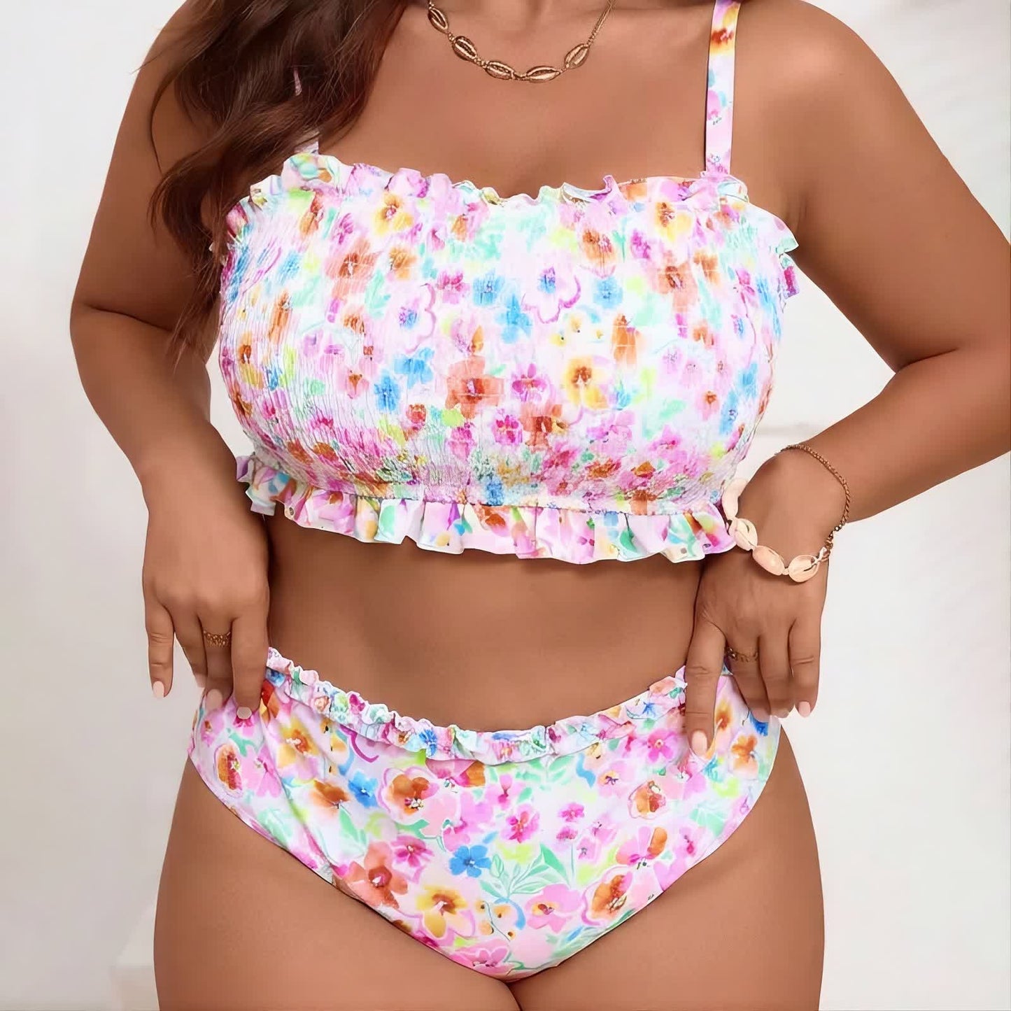 Ensemble bikini à smocks fleuris rose poudré - Rose - 5XL - image 0