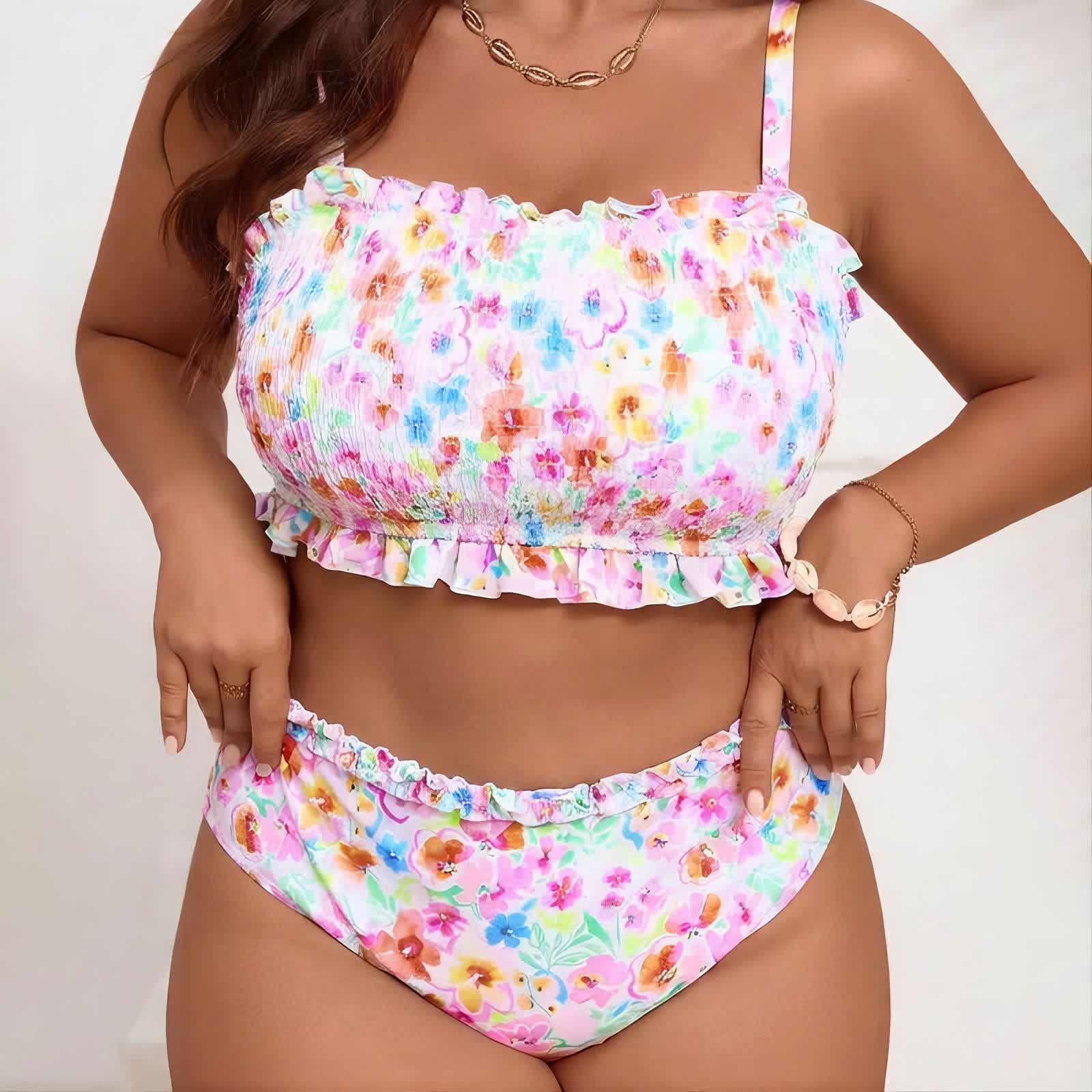 Ensemble bikini à smocks fleuris rose poudré - Rose - 5XL - image 0