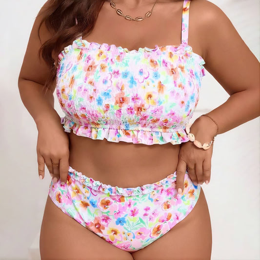 Ensemble bikini à smocks fleuris rose poudré - Rose - 5XL - image 0