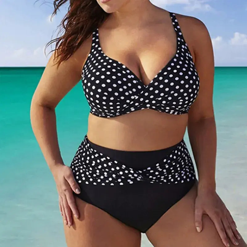 Ensemble bikini rétro blanc à pois torsadés sur le devant - Noir - 5XL - image 0
