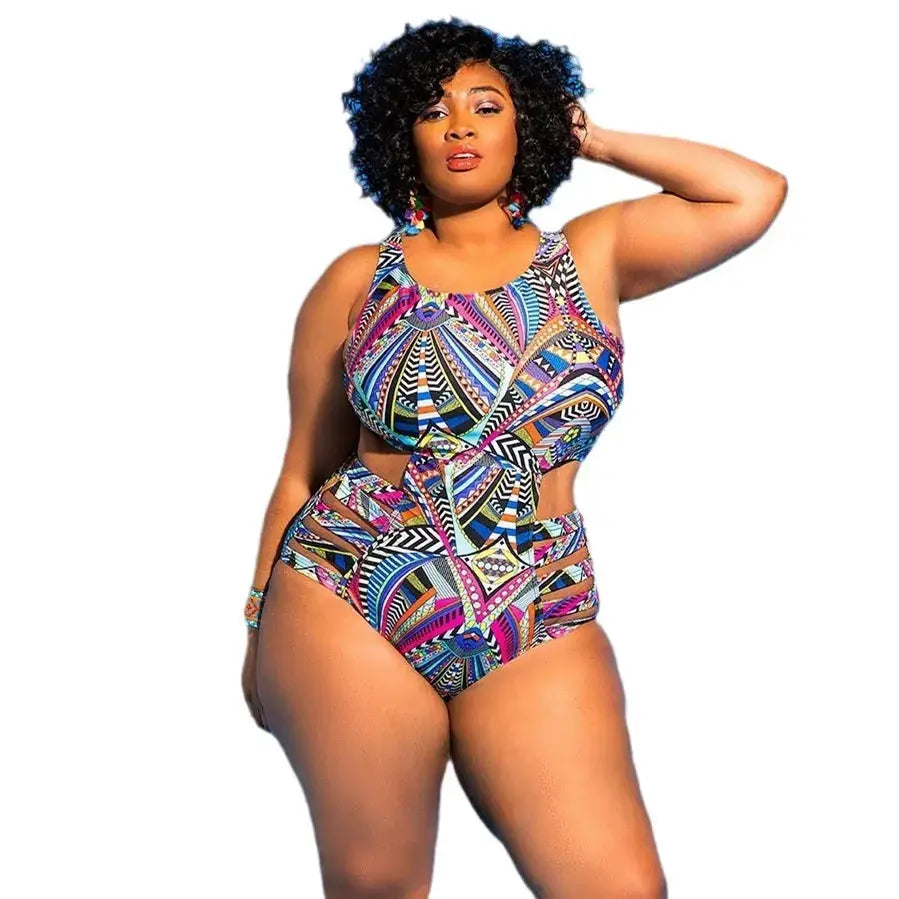 Maillot de bain une pièce taille haute à imprimé géométrique tribal - Bleu marine - 4XL - image 2