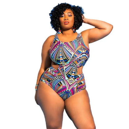 Maillot de bain une pièce taille haute à imprimé géométrique tribal - Bleu marine - 4XL - image 2