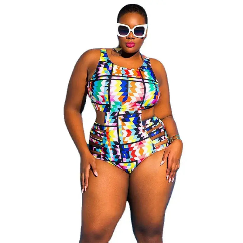 Maillot de bain une pièce taille haute à imprimé géométrique tribal - Bleu - 4XL - image 3