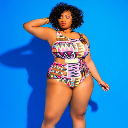Maillot de bain une pièce taille haute à imprimé géométrique tribal - Brun - 4XL - image 0