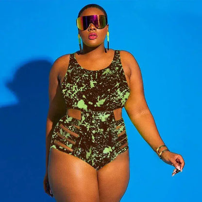 Maillot de bain une pièce imprimé à découpes et éclaboussures - Vert foncé - 4XL - image 1
