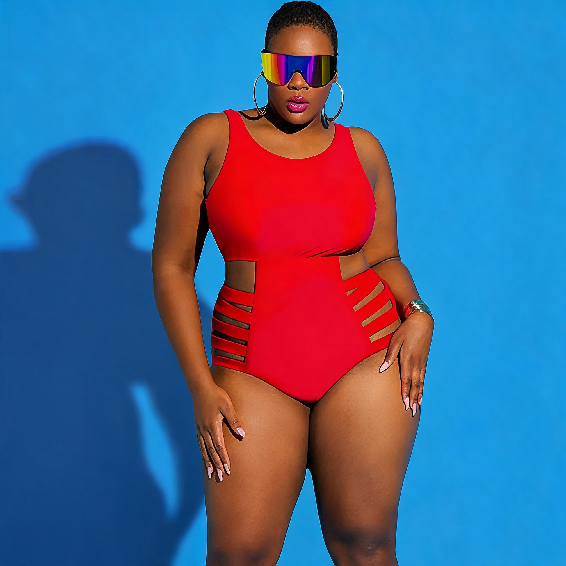 Maillot de bain une pièce imprimé à découpes et éclaboussures - Rouge - 4XL - image 4