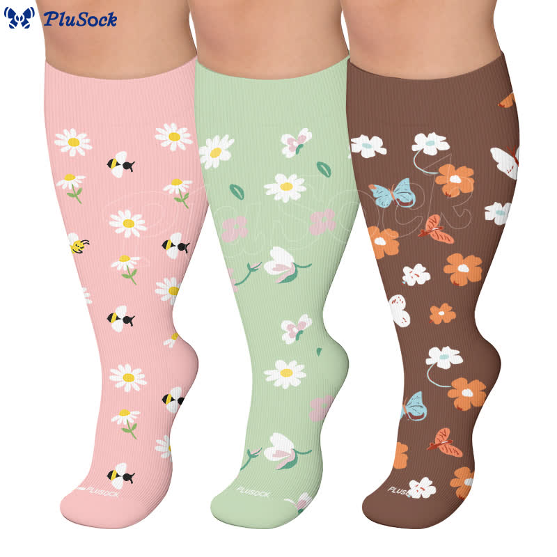 Chaussettes de compression grandes tailles à motif marguerite et abeille - image 0