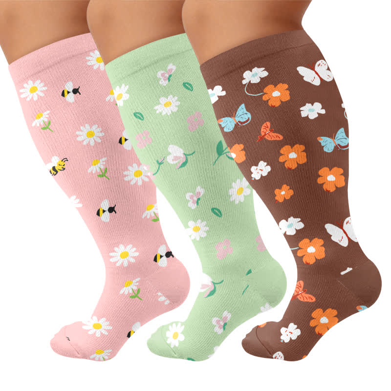 Chaussettes de compression grandes tailles à motif marguerite et abeille - Multicolore (3 paires) - 4XL - image 4