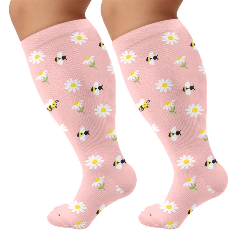 Chaussettes de compression grandes tailles à motif marguerite et abeille - Rose (1 paire) - 4XL - image 8
