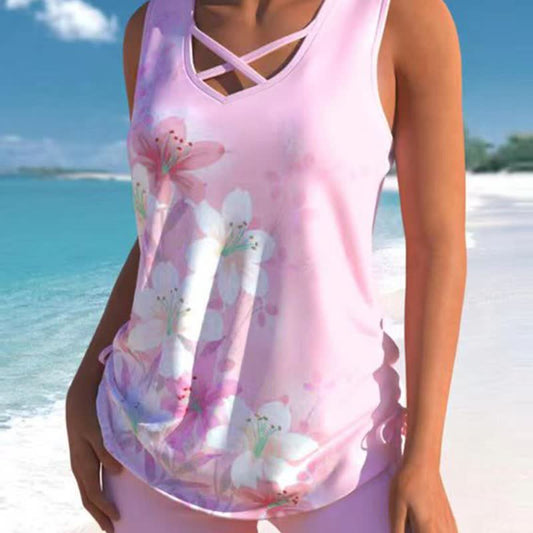 Ensemble tankini à bretelles croisées fleuries - Rose - 3XL - image 0