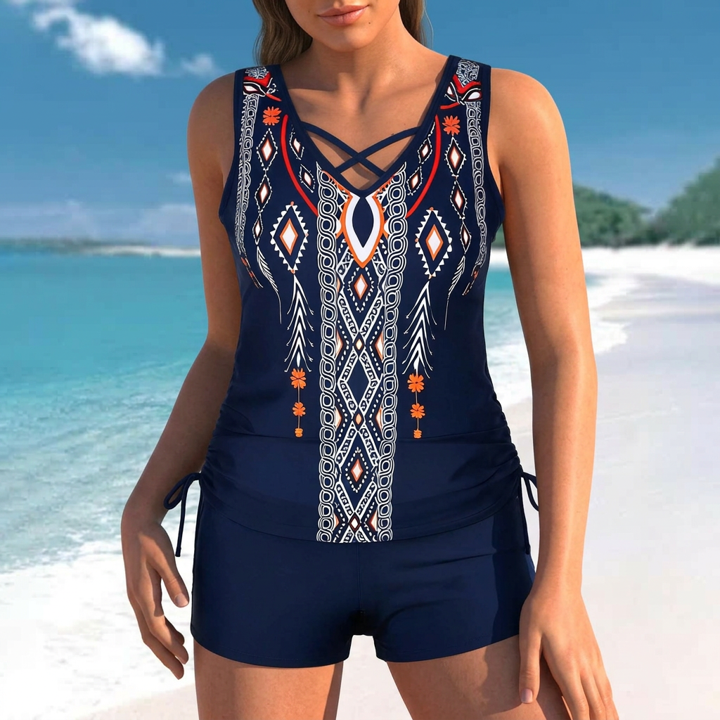 Ensemble tankini à bretelles croisées fleuries - Bleu marine - 3XL - image 4
