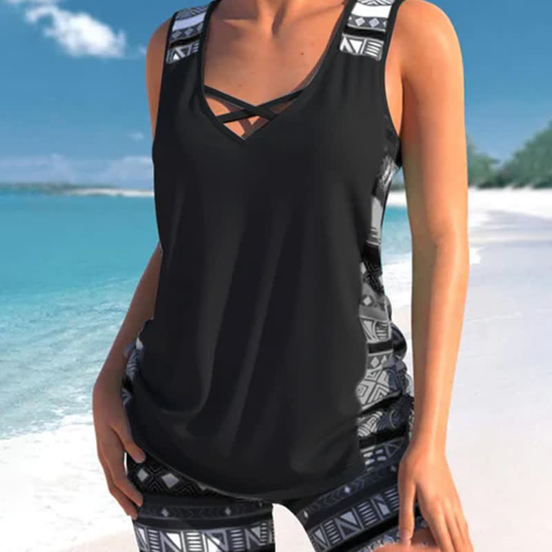 Ensemble tankini géométrique croisé - Noir - 3XL - image 0