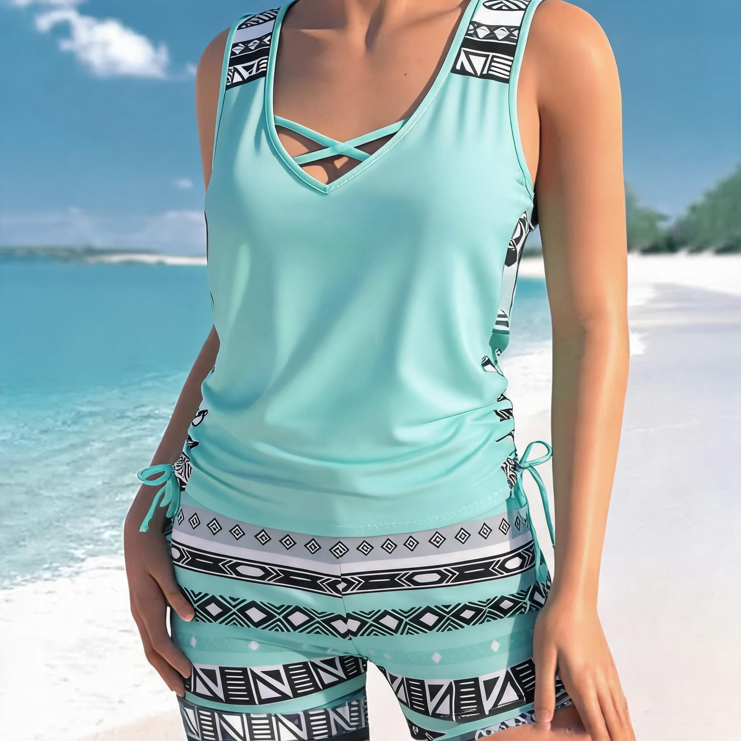 Ensemble tankini géométrique croisé - Bleu ciel - 3XL - image 2