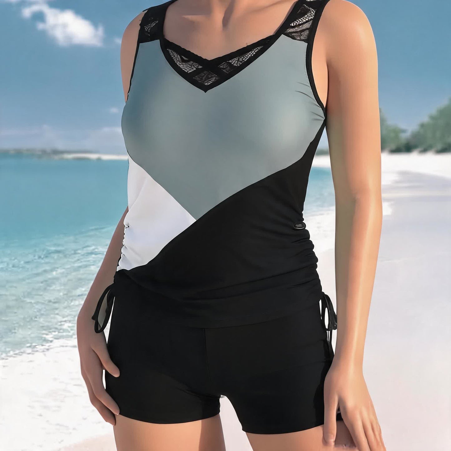 Ensemble tankini géométrique croisé - Gris - 3XL - image 7