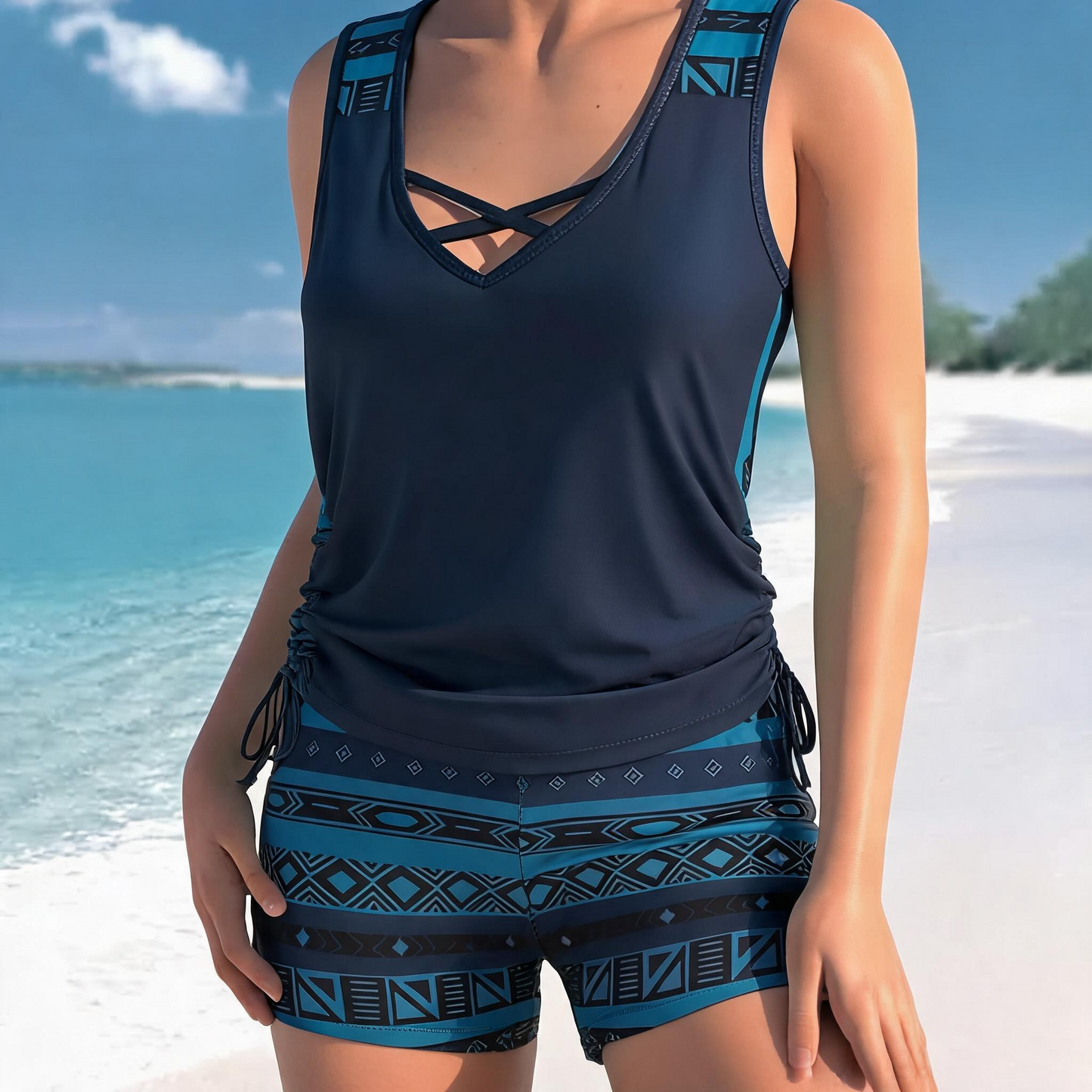 Ensemble tankini à bretelles croisées fleuries - Bleu foncé - 3XL - image 3