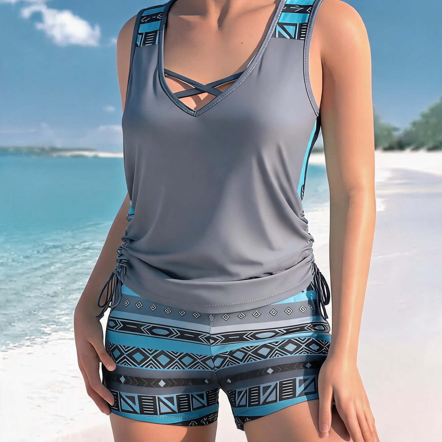 Ensemble tankini à bretelles croisées fleuries - Gris - 3XL - image 2