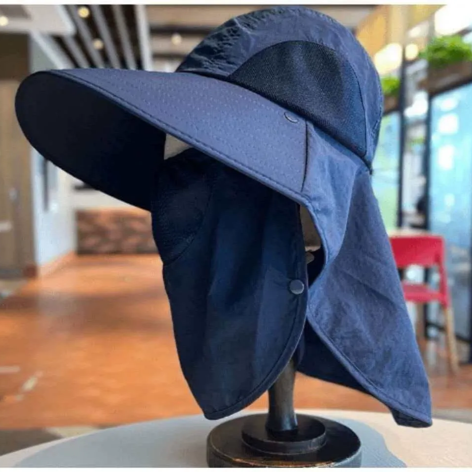 Chapeau de soleil respirant avec protection pour la nuque - Bleu marine - One Size - Avec masque facial - image 8