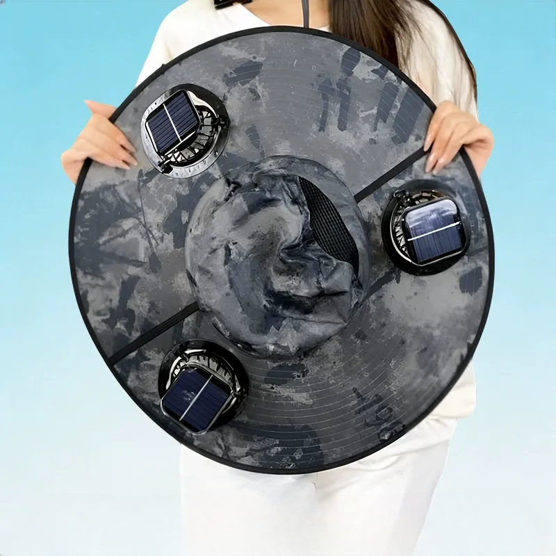 Chapeau de soleil à large bord avec refroidissement solaire - Gris - One Size - 3 Fans - image 12