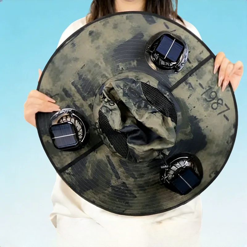 Chapeau de soleil à large bord avec refroidissement solaire - Vert armée - One Size - 3 Fans - image 13