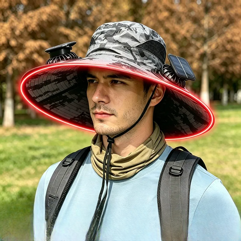 Chapeau de soleil à large bord avec refroidissement solaire - Gris - One Size - 2 Fans - image 6