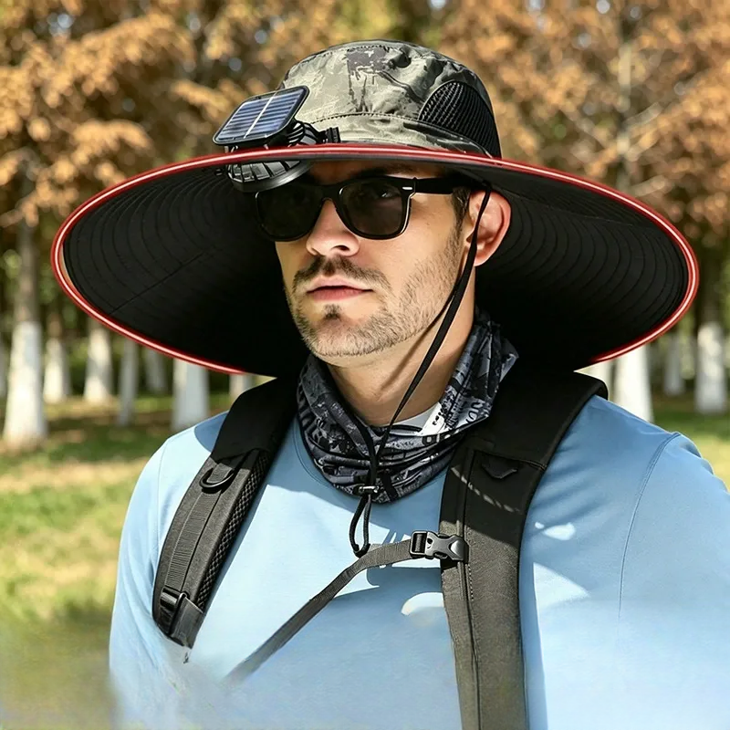 Chapeau de soleil à large bord avec refroidissement solaire - Vert armée - One Size - 1 ventilateur - image 7