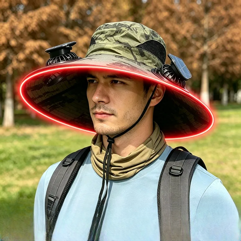 Chapeau de soleil à large bord avec refroidissement solaire - Vert armée - One Size - 2 Fans - image 4