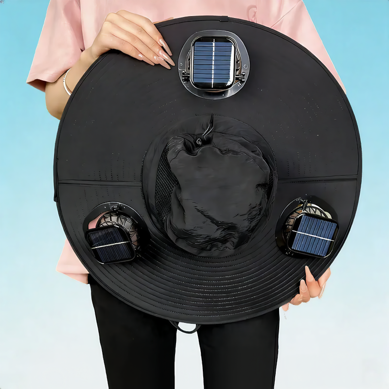 Chapeau de soleil à large bord avec refroidissement solaire - Noir - One Size - 3 Fans - image 10