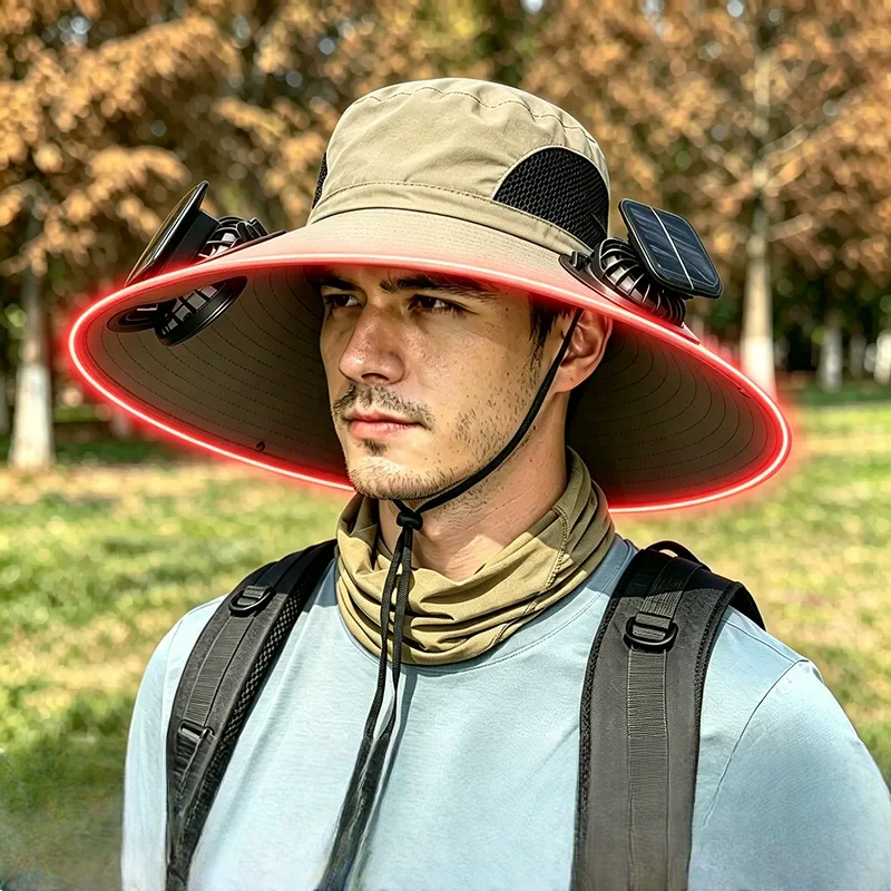 Chapeau de soleil à large bord avec refroidissement solaire - Beige - One Size - 2 Fans - image 3