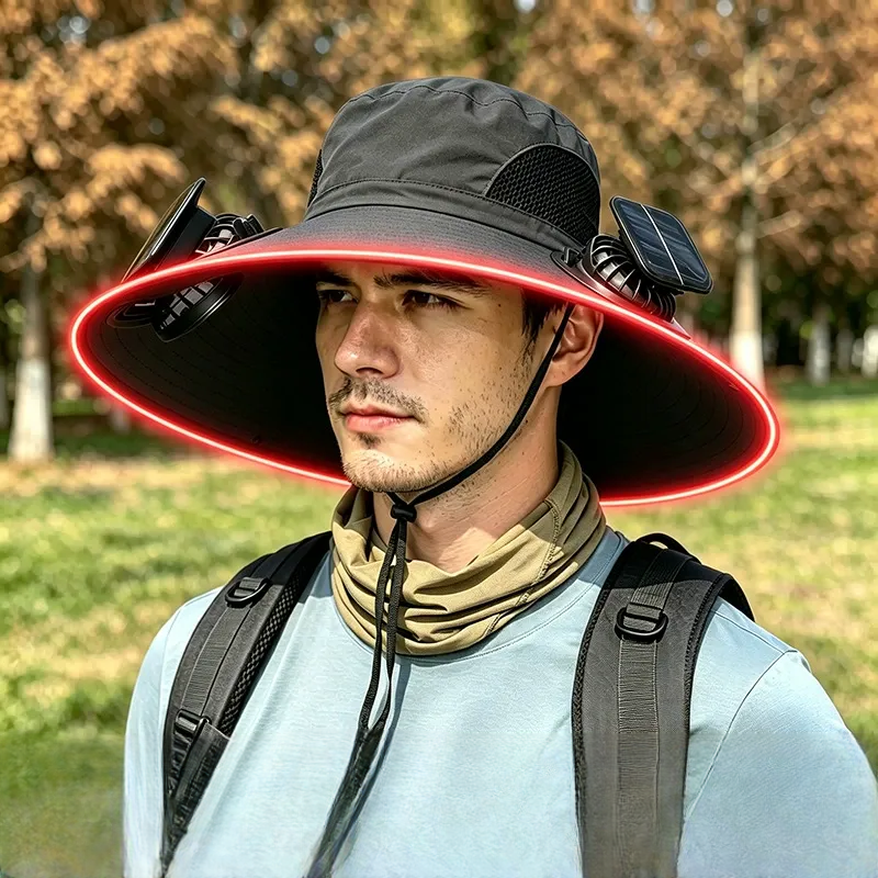 Chapeau de soleil à large bord avec refroidissement solaire - Noir - One Size - 2 Fans - image 1
