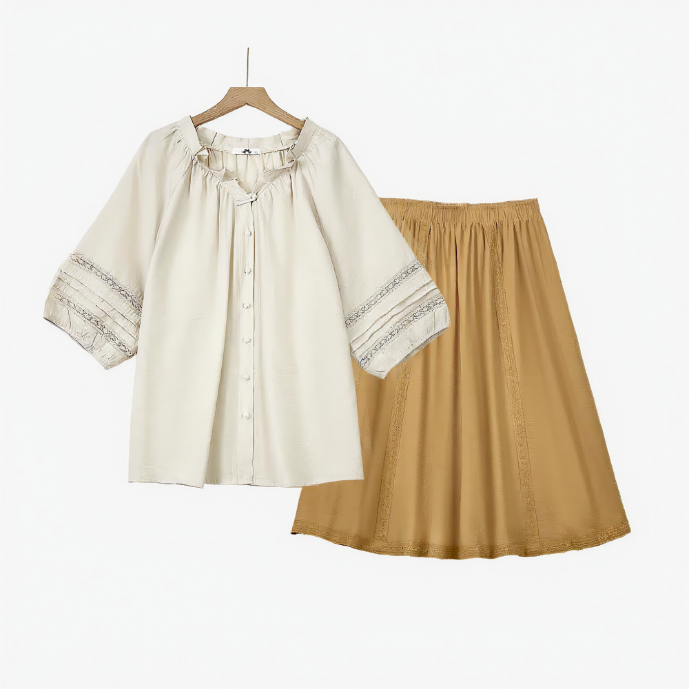 Ensemble chemisier bohème à empiècements en dentelle et jupe midi plissée - Ensemble de 2 pièces - 6XL - image 0
