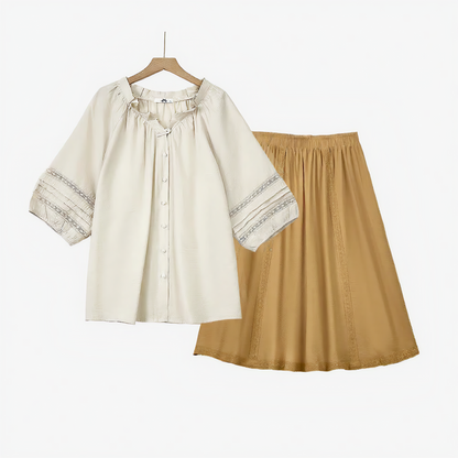 Ensemble chemisier bohème à empiècements en dentelle et jupe midi plissée - Ensemble de 2 pièces - 6XL - image 0