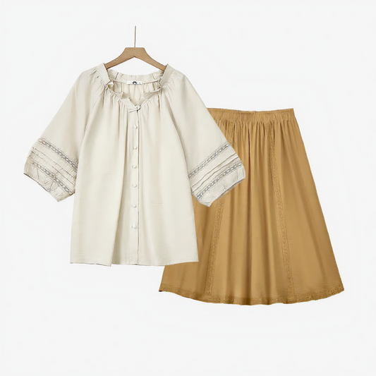Ensemble chemisier bohème à empiècements en dentelle et jupe midi plissée - Ensemble de 2 pièces - 6XL - image 0