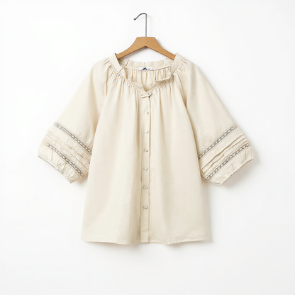 Ensemble chemisier bohème à empiècements en dentelle et jupe midi plissée - Blouse - 6XL - image 1