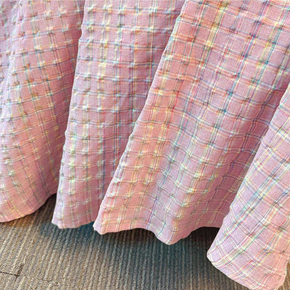 Robe midi rose à carreaux texturés, col carré et nœud sur le devant - image 5