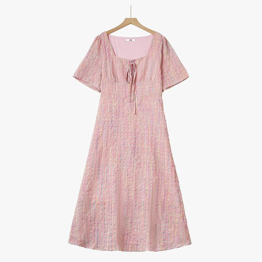Robe midi rose à carreaux texturés, col carré et nœud sur le devant - Rose - 5XL - image 0