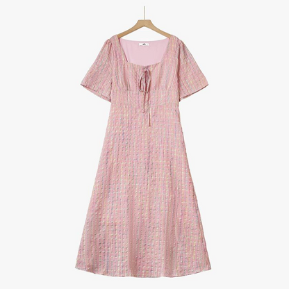 Robe midi rose à carreaux texturés, col carré et nœud sur le devant - Rose - 5XL - image 0