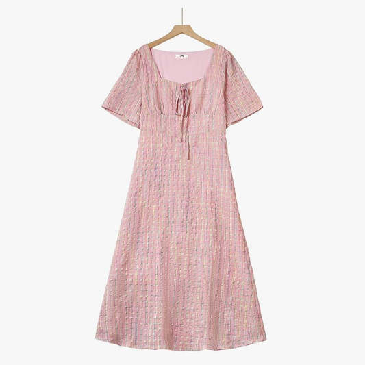 Robe midi rose à carreaux texturés, col carré et nœud sur le devant - Rose - 5XL - image 0