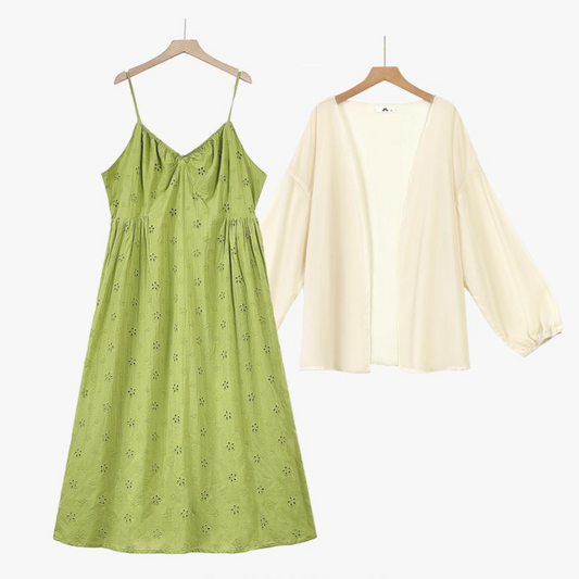 Ensemble deux pièces robe nuisette verte brodée et cardigan blanc à manches bouffantes - Ensemble de 2 pièces - 6XL - image 0