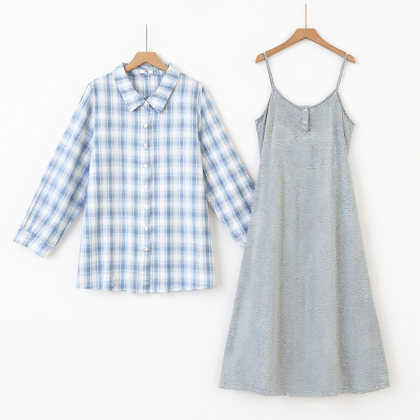 Ensemble chemise à carreaux en coton grande taille et robe débardeur - Ensemble de 2 pièces - 6XL - image 0