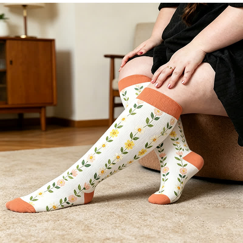 Chaussettes de compression côtelées à motif floral grandes tailles - Jaune (1 paire) - 4XL - image 2